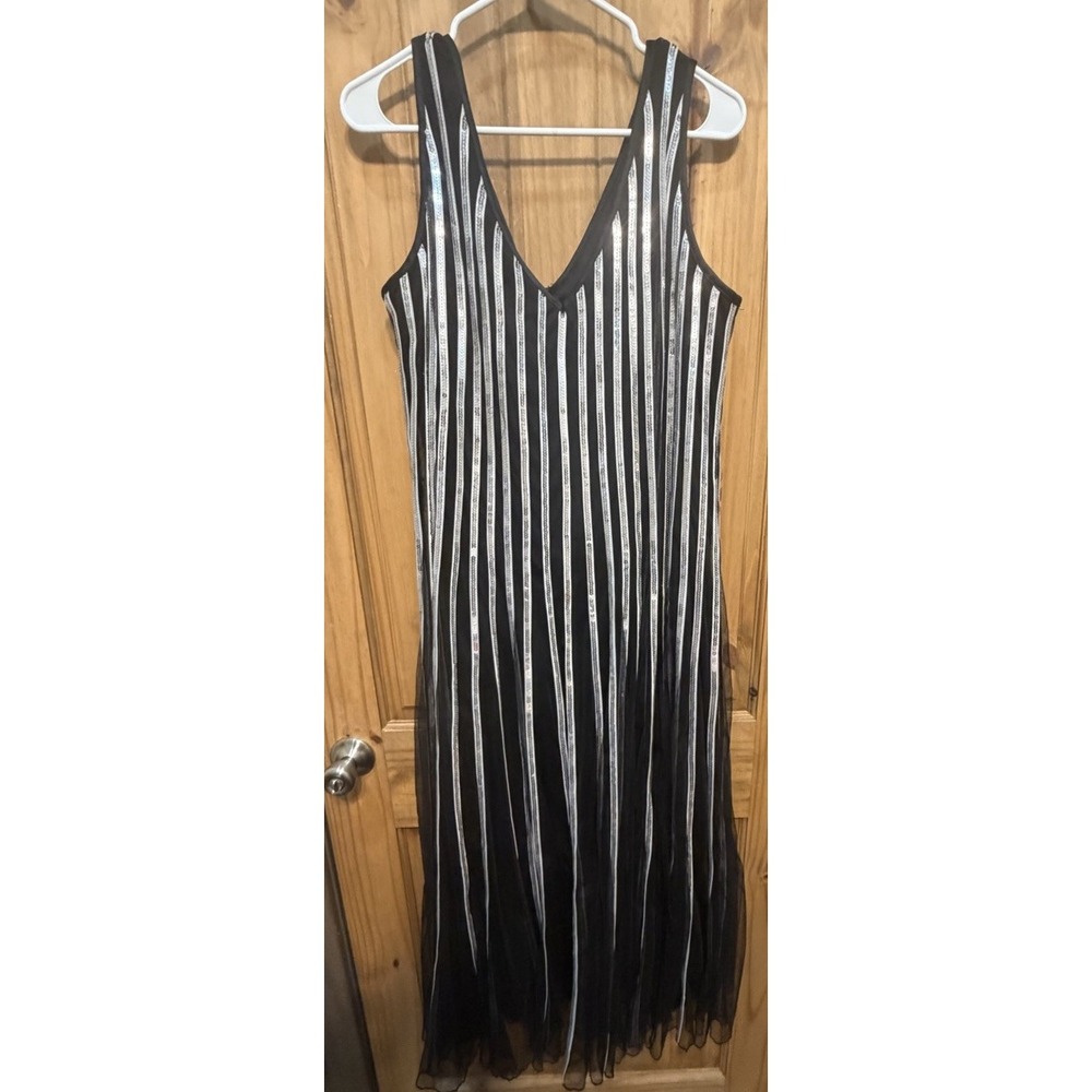 Serafina Black Silver Sequin Stripe Maxi Dress V Neck Formal Evening Party XL